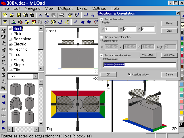Screenshot of MLCad showing the dialog to manipulate the coordinates