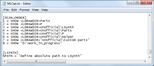 Screenshot MLCad.ini file